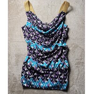 Y2K Studio Y Medium Geometric Chevron Cowl Neck Top Gold Braided Straps Boho